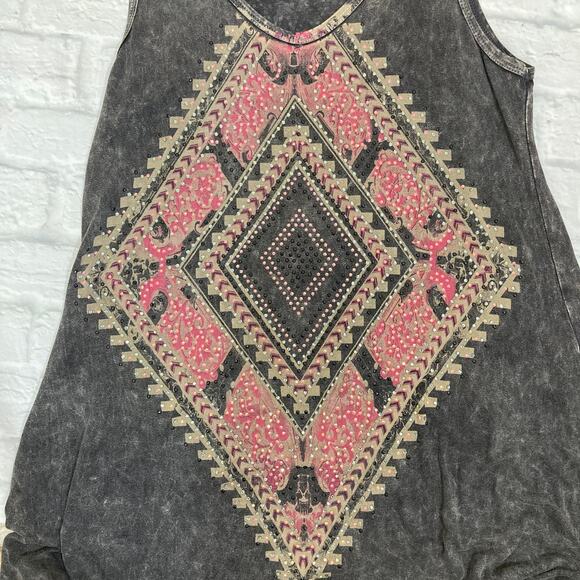 Vocal fringe rhinestone tank dress, size small acid wash aztec graphic boho midi - Picture 5 of 8